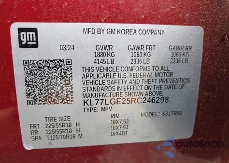 2024 Chevrolet Trax Fwd 1Rs z USA, uszkodzony, nr VIN KL77LGE25RC246298